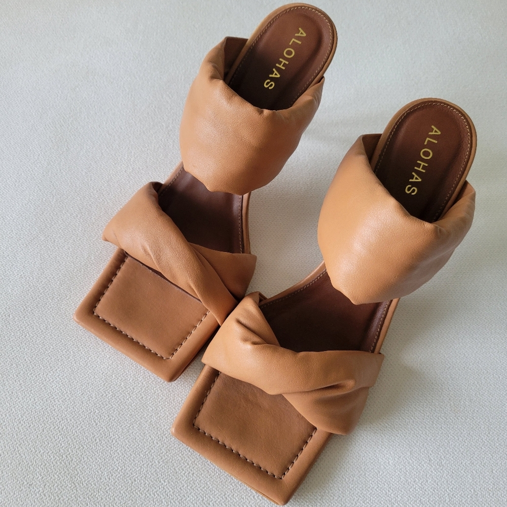ALOHAS Tan Natasha Puffy Square Open Toe Mule Heels